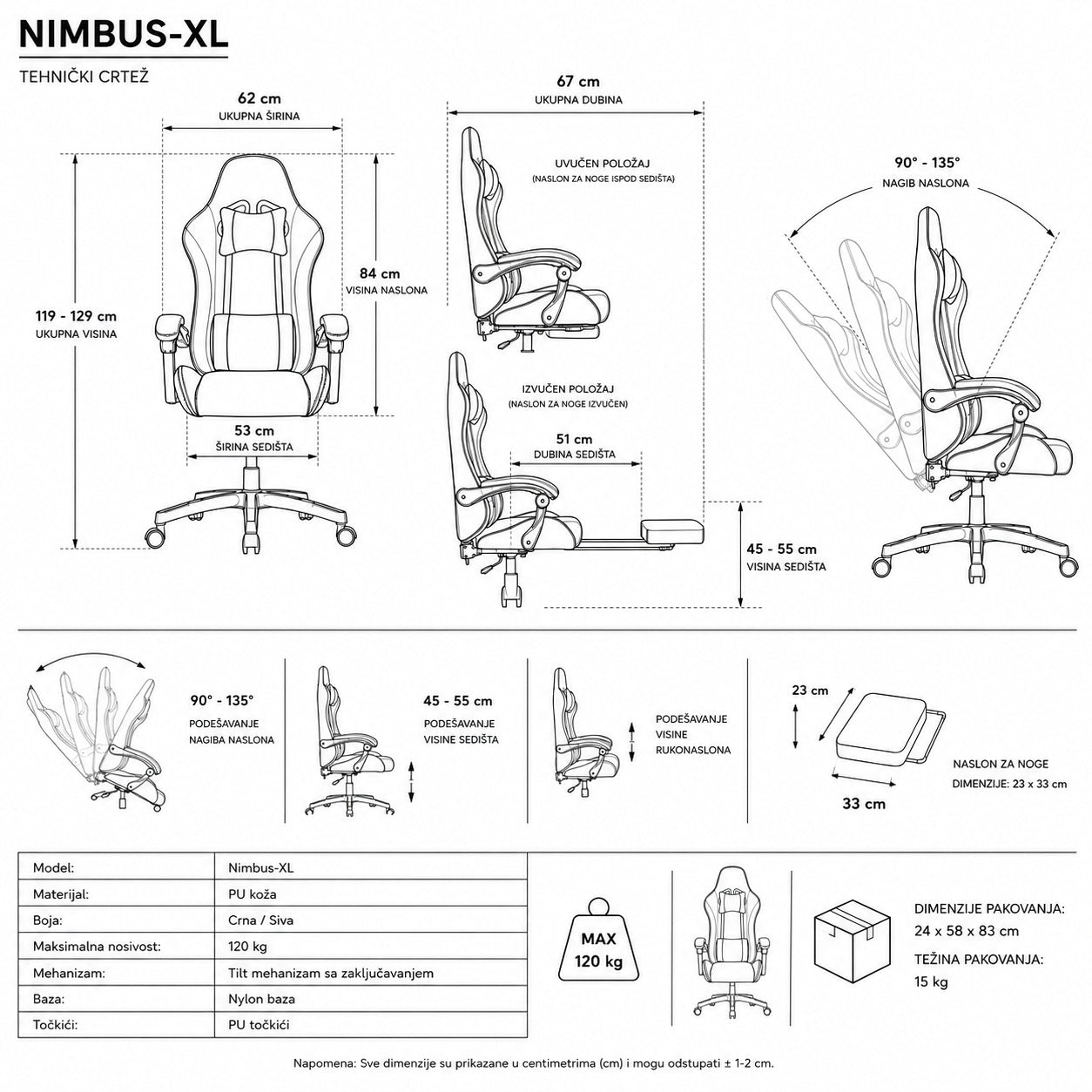 gejmerska stolica Nimbus XL crno siva teh crtez